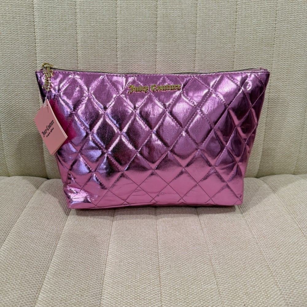 NWT Juicy Couture Cosmetic Bag Womens Quilted Metallic Zip Pouch